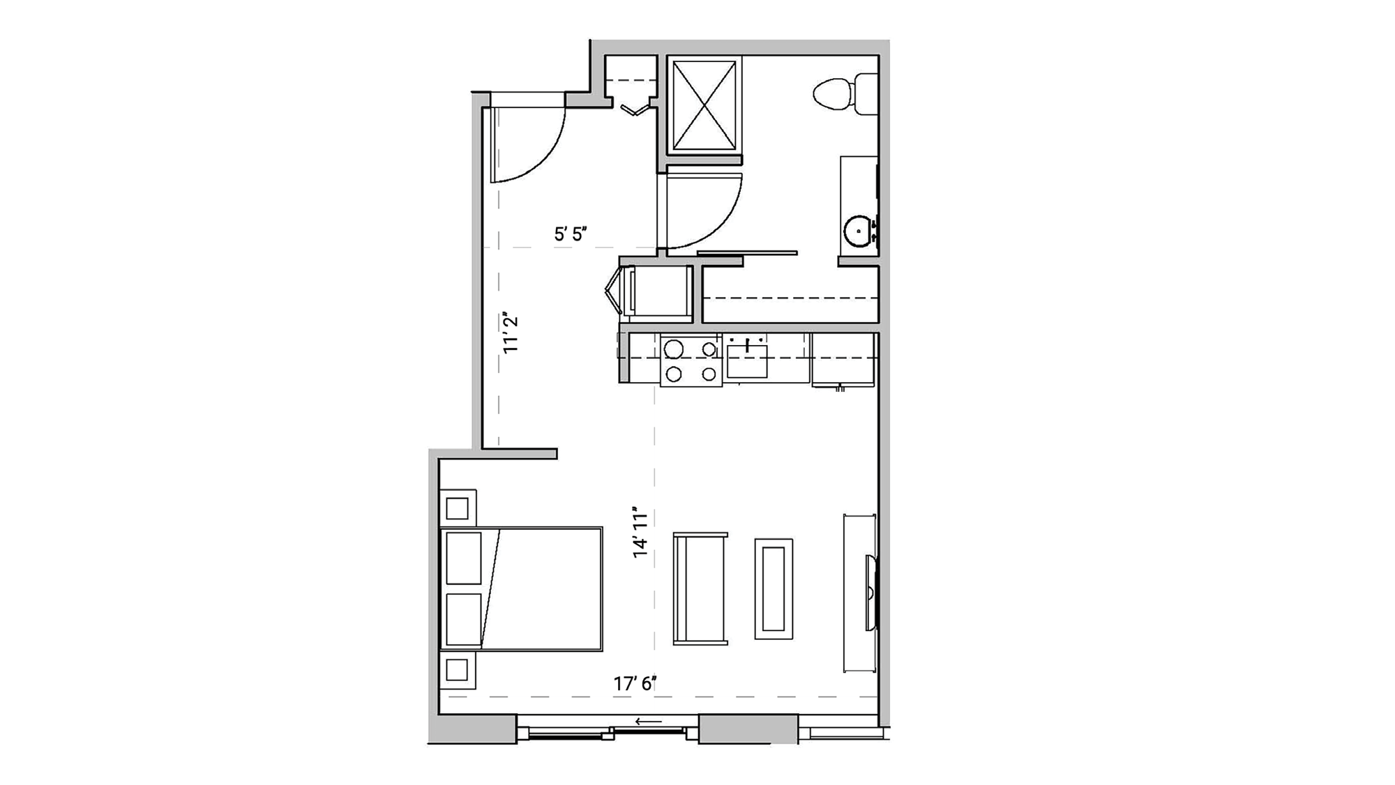 ULI Seven27 338 - Studio, One Bathroom Floor Plan 