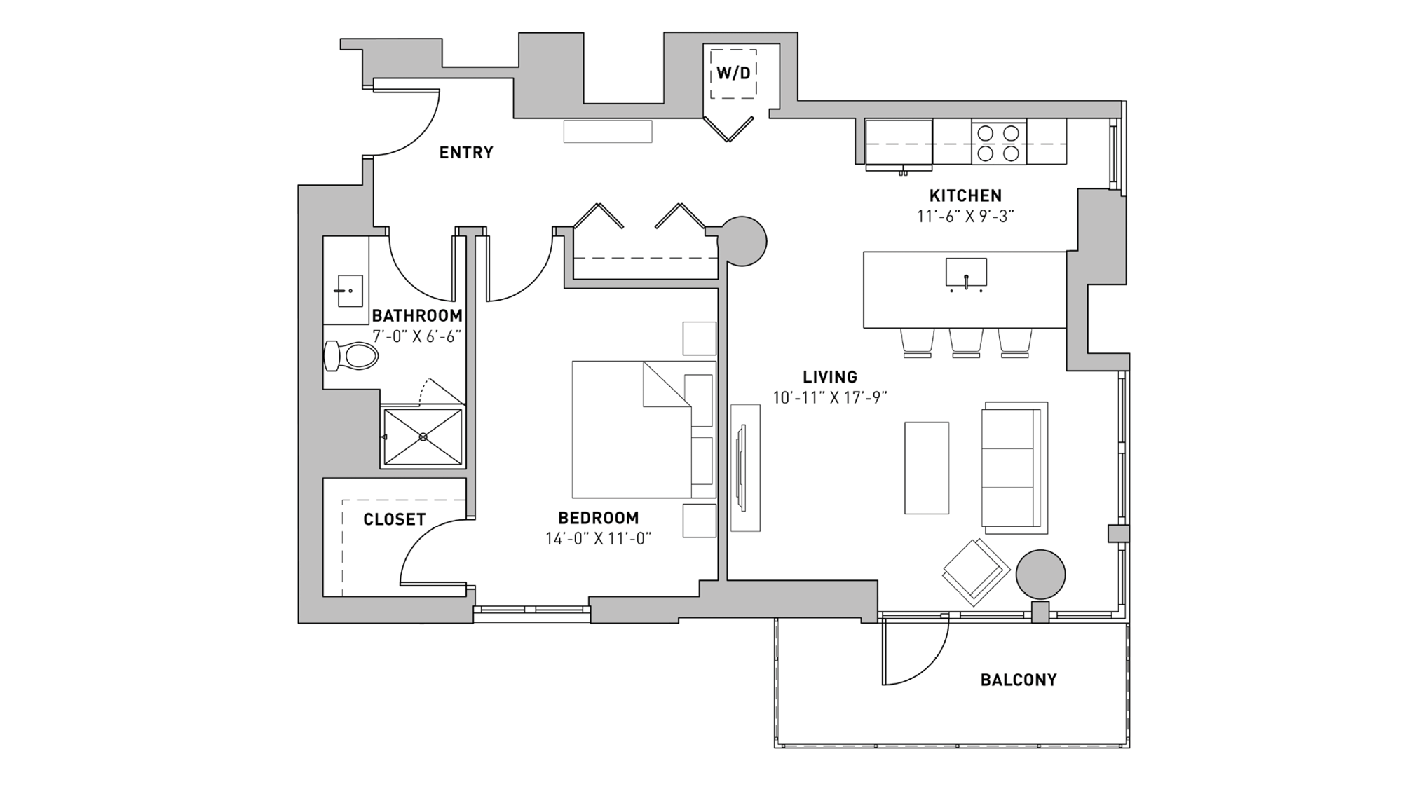 ULI The Pressman 813 - One Bedroom, One Bathroom Floor Plan 