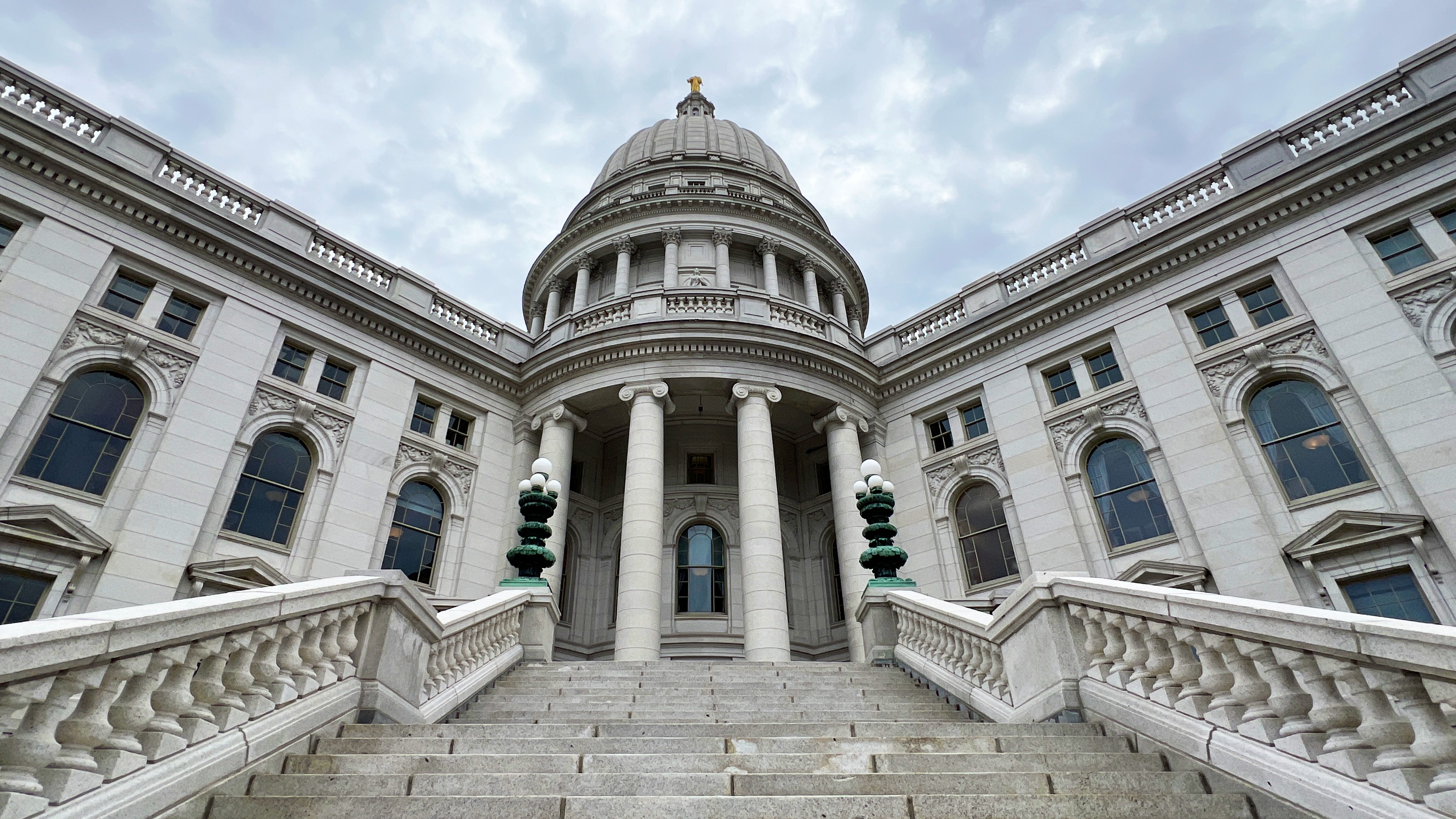 Going up the steps of the Wisconsin State Capitol in Downtown Madison 