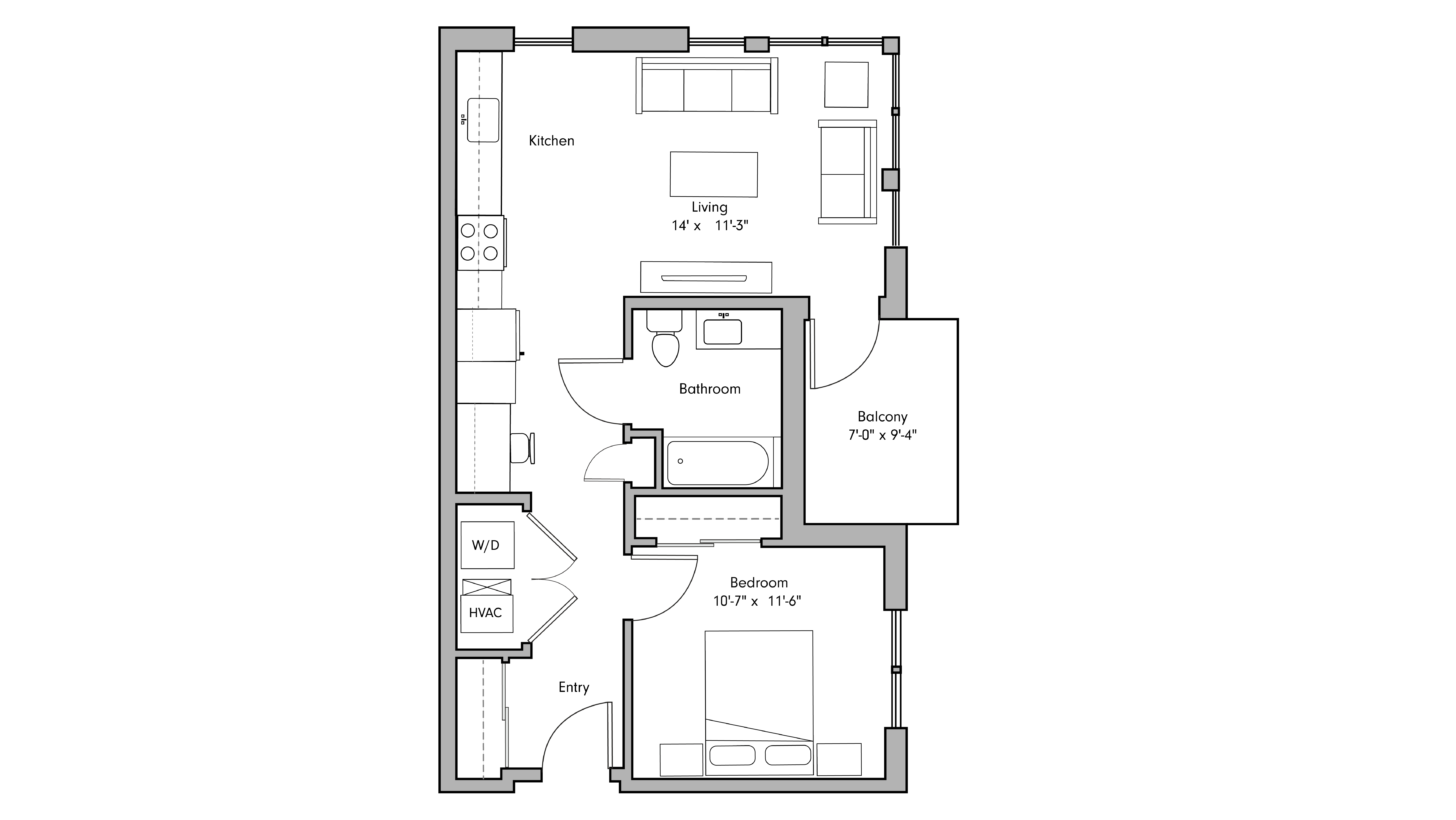 ULI The Penny 245 - 1 Bed, 1 Bath Floor Plan