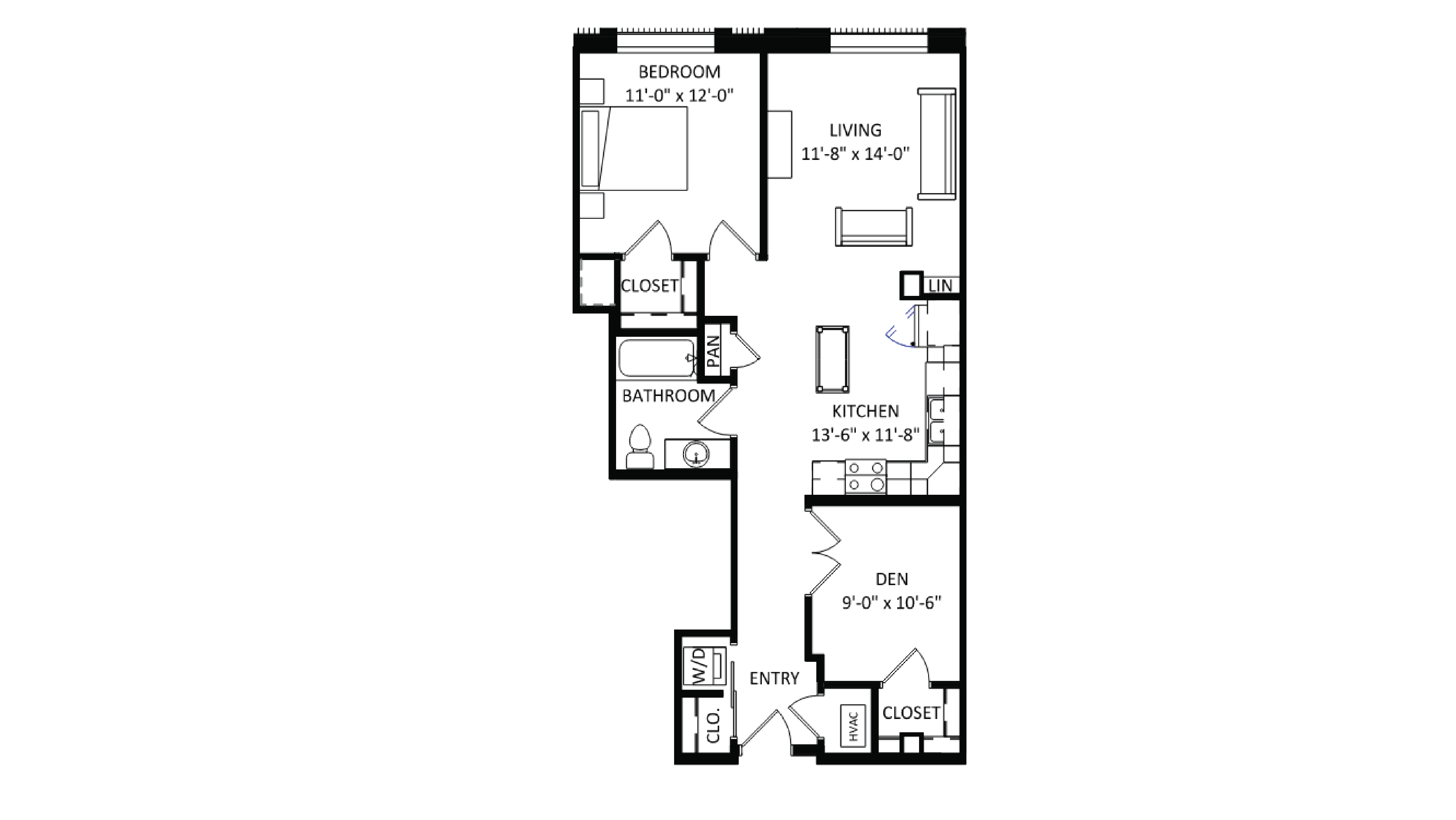 ULI The Irwin N124 - 1 Bed Den, 1 Bath Floor Plan