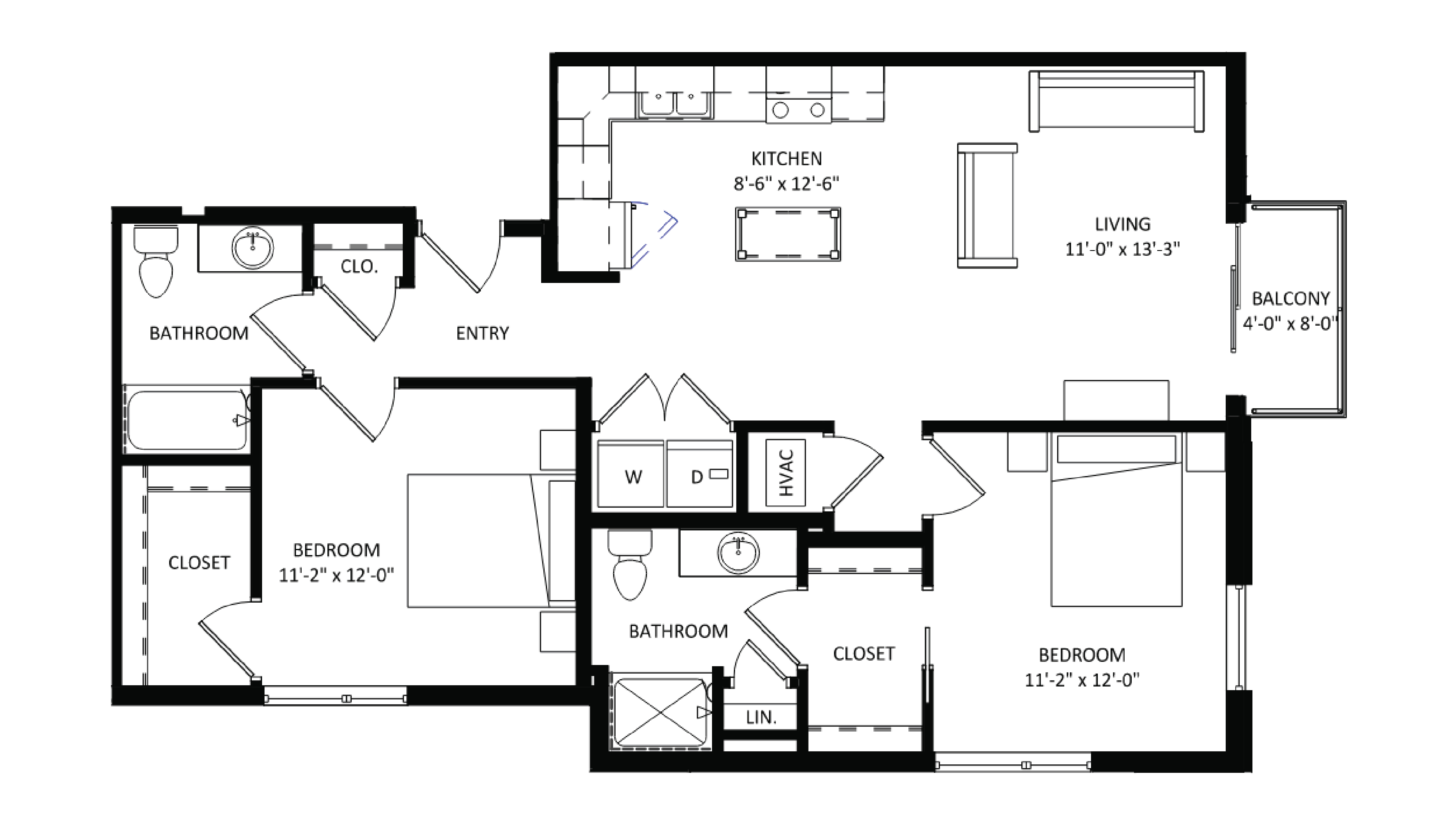 ULI The Irwin N301 - 2 Bed, 2 Bath Floor Plan
