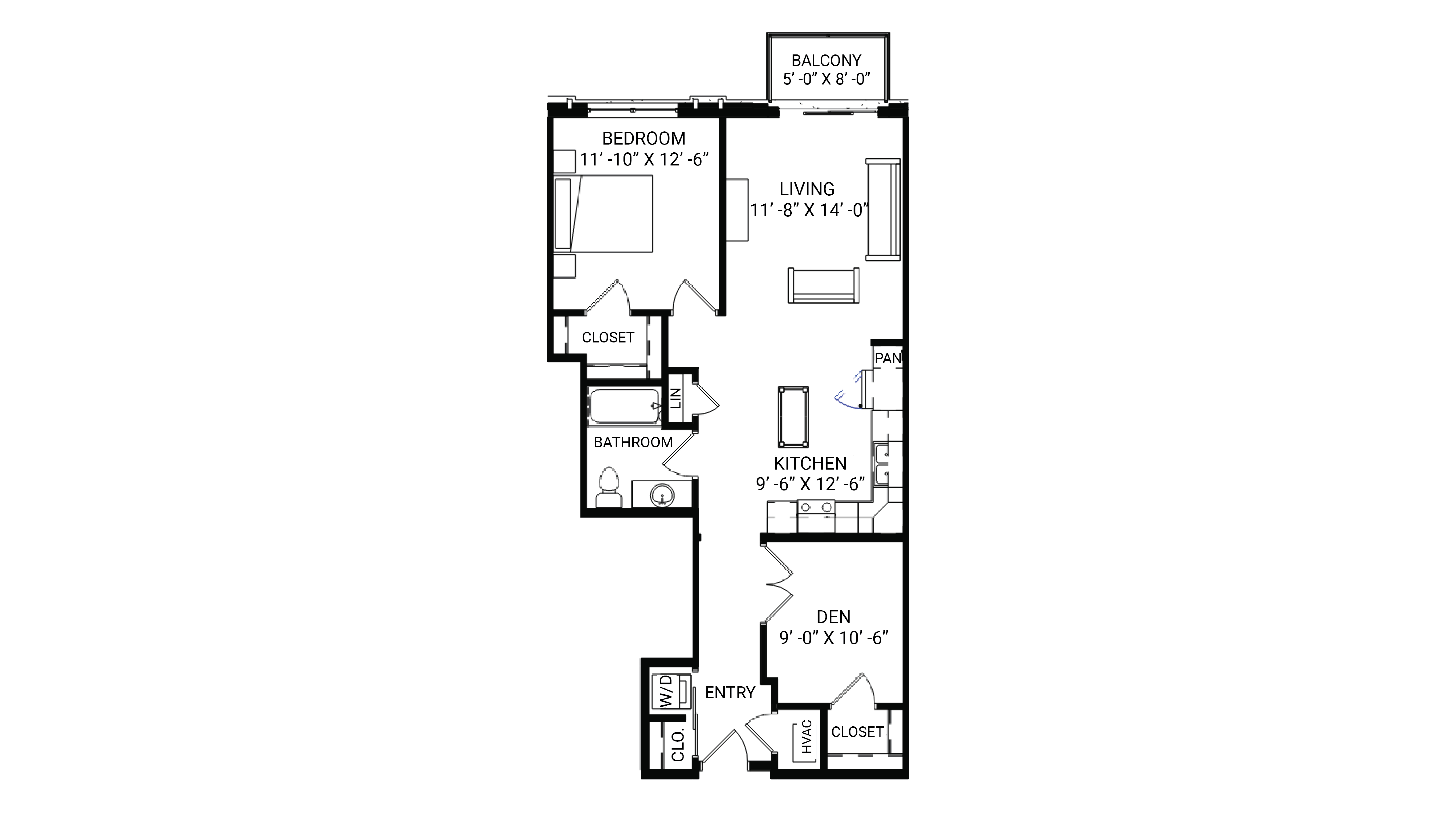 ULI The Irwin N324 - 1 Bed Den, 1 Bath Floor Plan