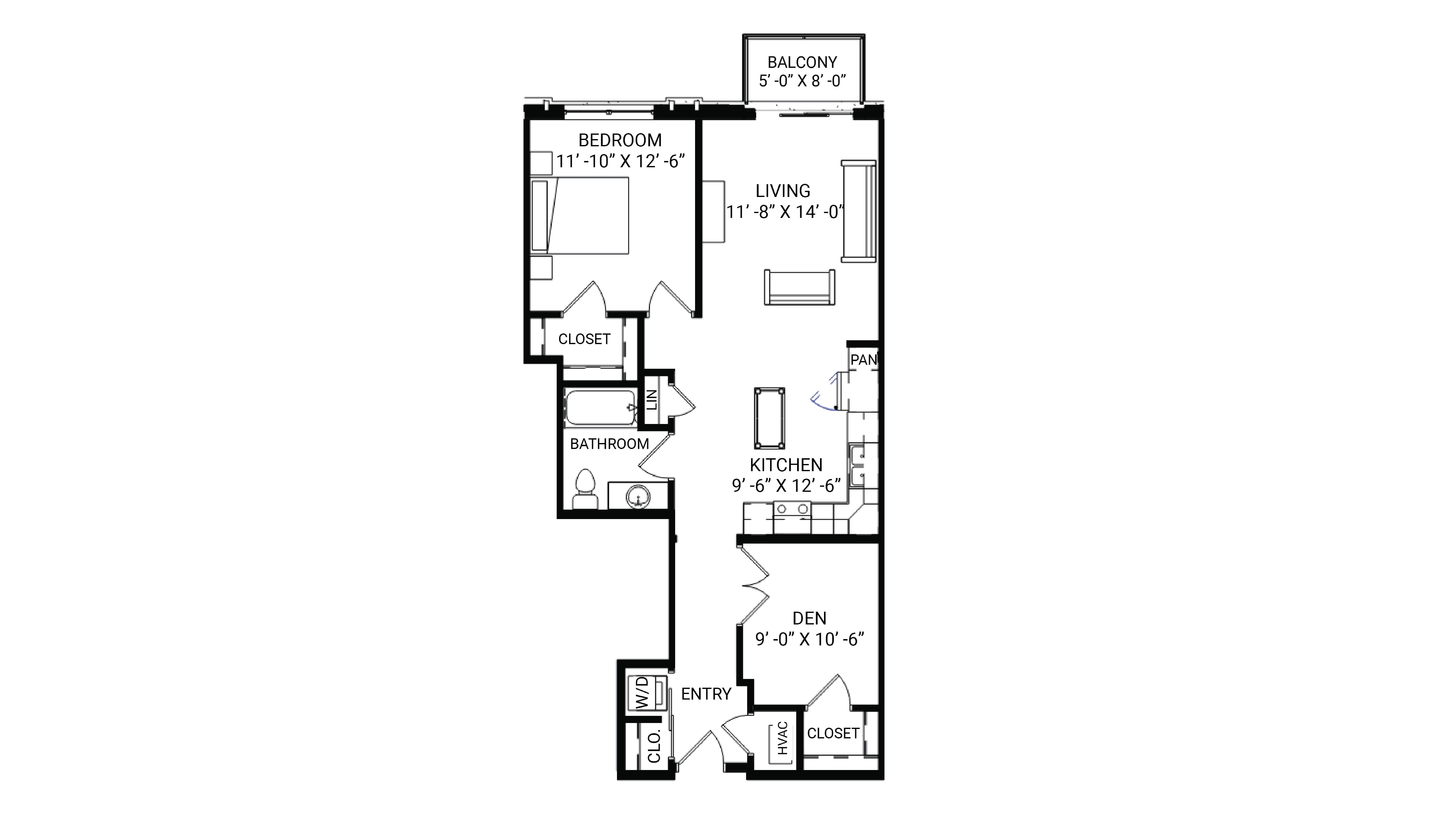 ULI The Irwin N414 - 1 Bed Den, 1 Bath Floor Plan