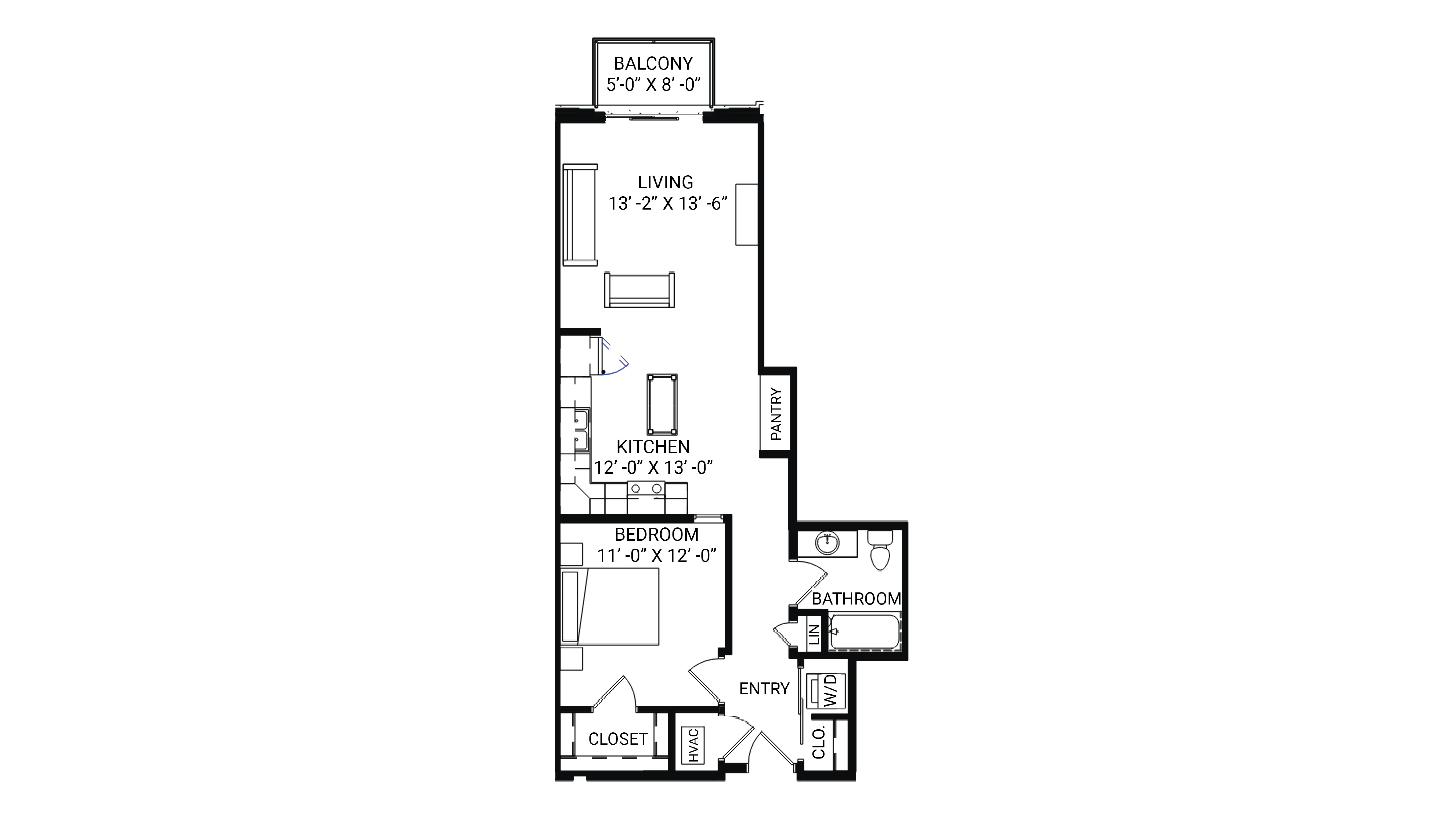 ULI The Irwin N416 - 1 Bed, 1 Bath Floor Plan