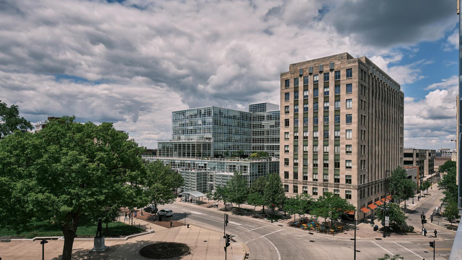 Historic Tenny Plaza exterior showing retail and office space on the Capitol Square Downtown Madison