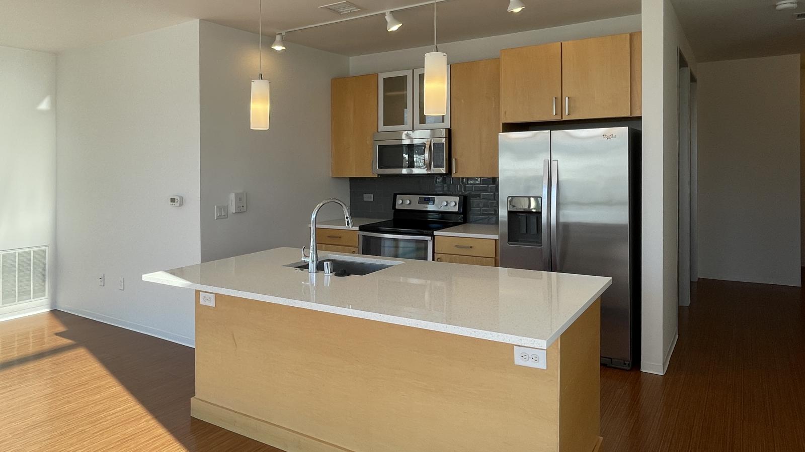Two bedroom apartment featuring a modern kitchen with quartz countertops at SEVEN27 in Madison WI in downtown Madison