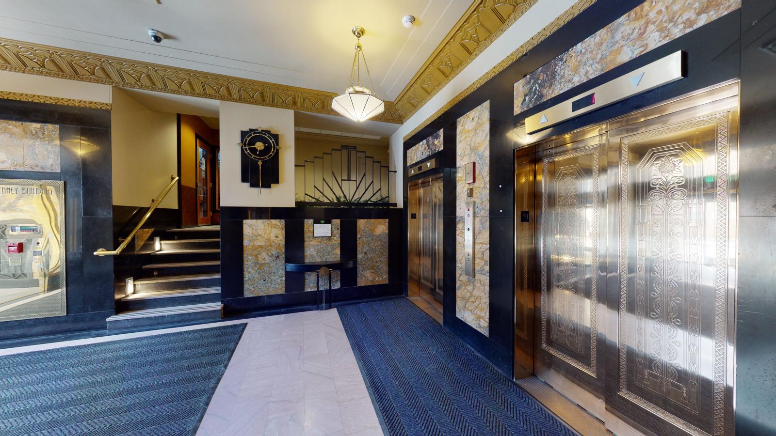 Historic Tenney Plaza features a stunning lobby with original marble and brass fixtures in downtown Madison 