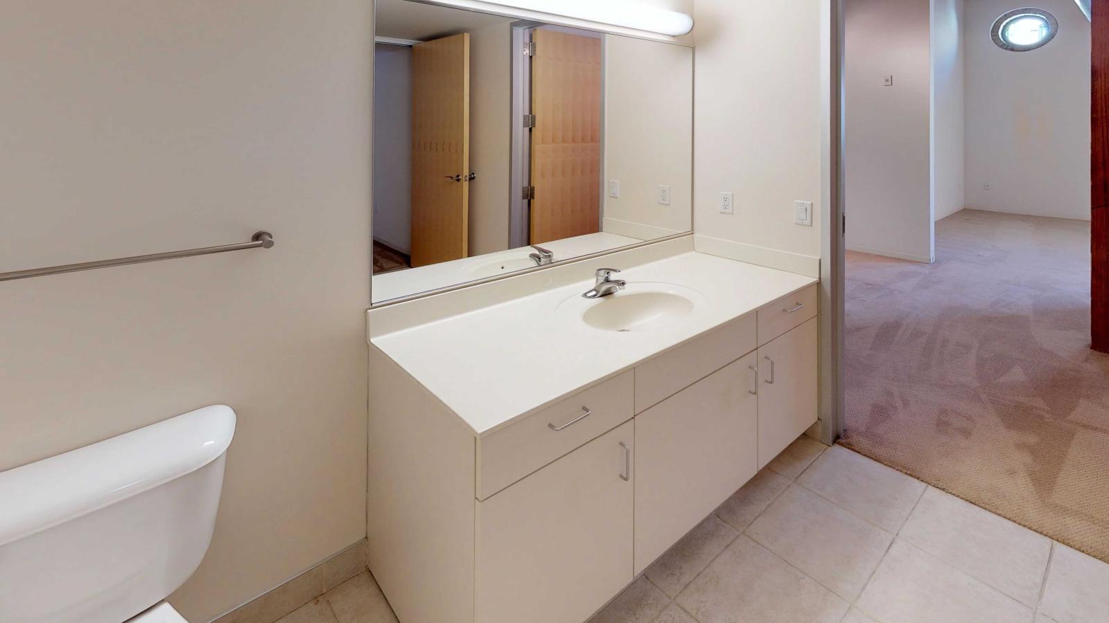 Industrial-inspired studio featuring a sleek bathroom with modern fixtures and ample storage at Tobacco Lofts