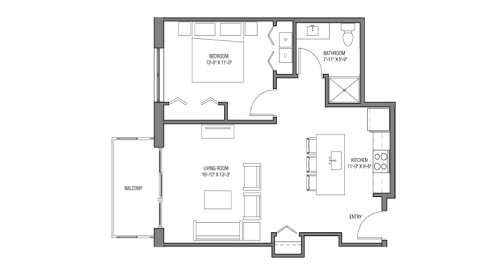 ULI Nine Line 217 - One Bedroom, One Bathroom Floor Plan 