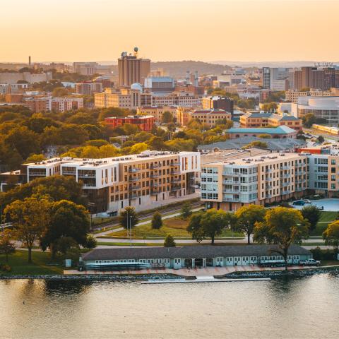 SEVEN27 and Nine Line at The Yards properties shown from over Monona Bay 