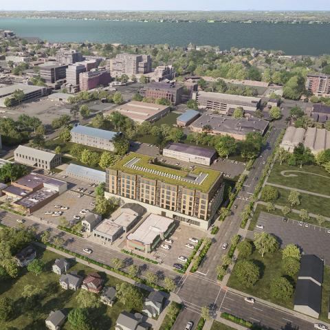 The Penny Apartments as shown from an ariel view in downtown Madison 