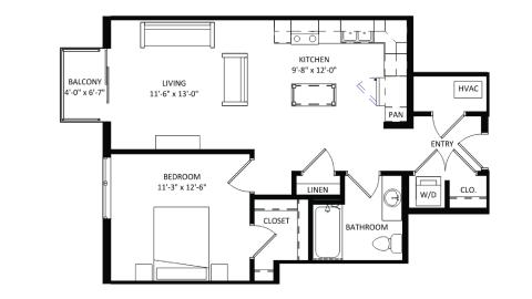 ULI The Irwin N234 - 1 Bed, 1 Bath Floor Plan
